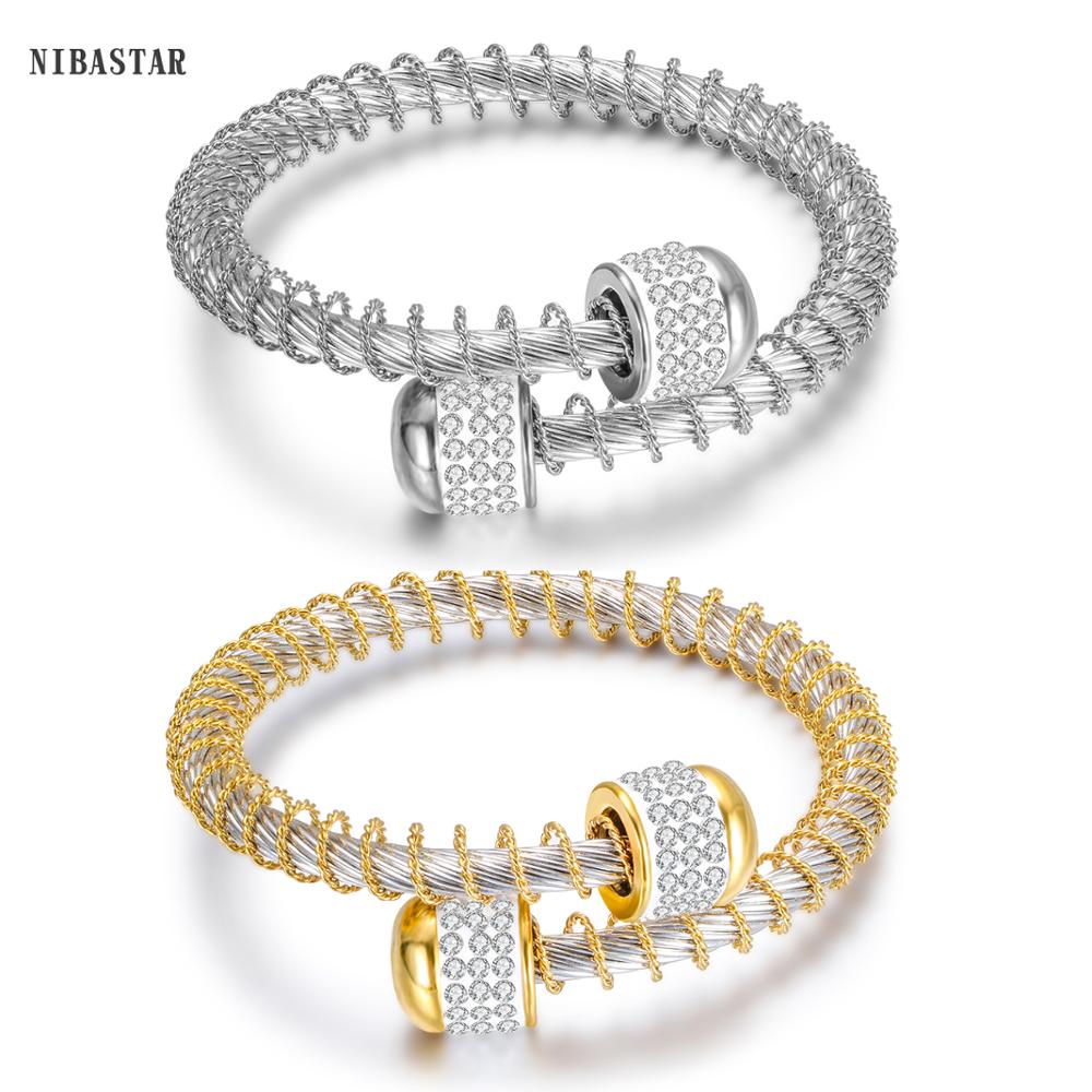 

CZ Crystal Bangle Gold Color Rhinestone Jewelry Wholesale Elastic Wire Charm Clasp Bracelet Bangle For Women