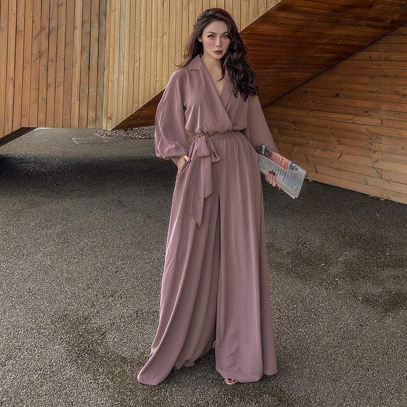 

2021 New Le Palais Vintage Origonal Autumn Soft Pink High-end Brown Drape Jumpsuit Elastic Women's Clothing 6UTJ, Rosy brown.