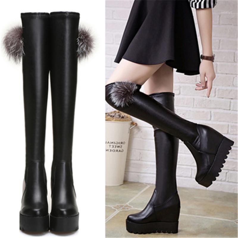 

New 2020 Fashion Chunky Leather Over The Knee Boots Height Increasing Round Toe Women Shoes Autumn Winter Casual Long Slim Boots1, Black
