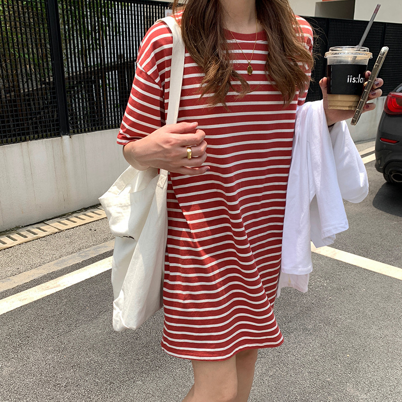 

2021 New Spring and summer stripe around the neck adjust Tibetan leisure meat short female sleeve sports dress Korean M1R3, Blue stripe
