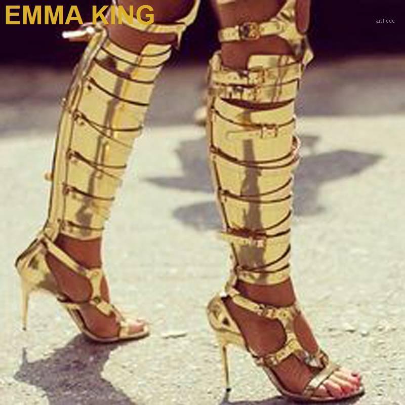 

Gold PU Leather Women Sandals Boots Buckle Strap Sexy Over The Knee Stiletto High Heels Boots Open Toe Cutout Summer Shoes Woman1