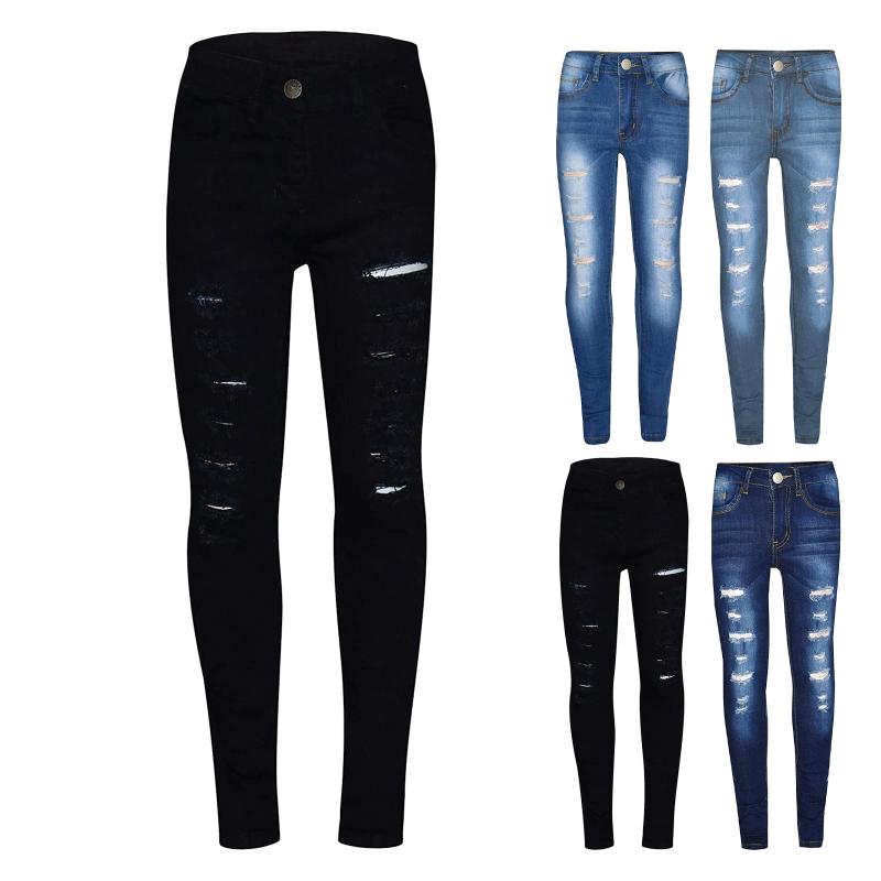 

Kids Jeans 3-13 Years Old Children's Fashion Tight Hole Pocket Button Zipper Long Jeans Kids Vetement Enfant Fille 5Colors