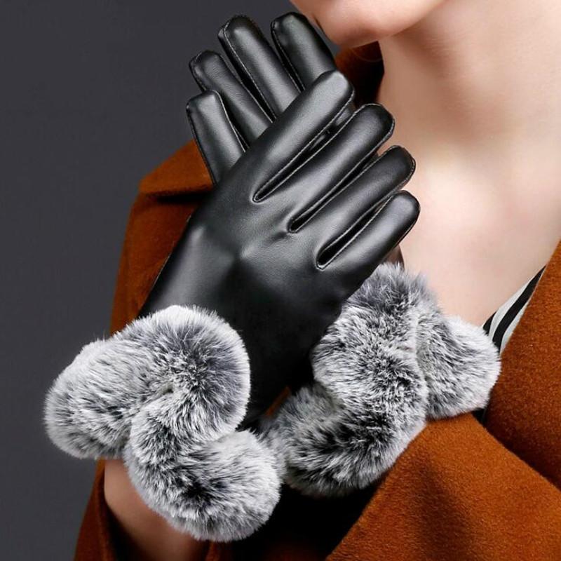 

Lady Winter Black Gloves Imitation Fur Warm Mittens Thickened Plus Velvet Touch Screen Artificial Leather Hand Muff H3240
