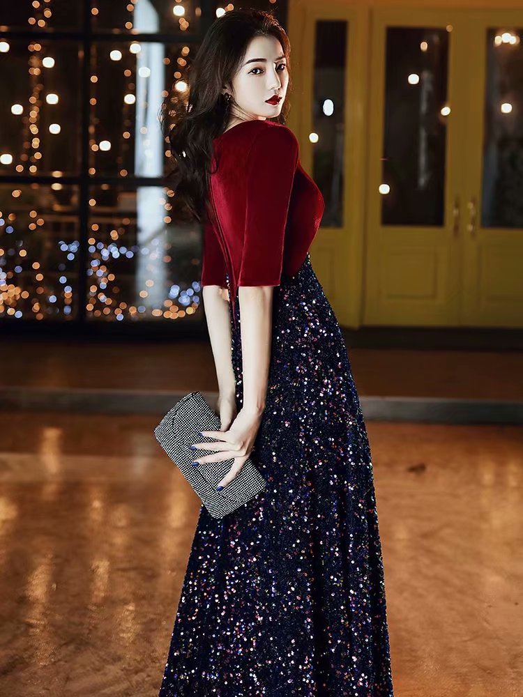 

2021 New Arrival V-low Evening Gowns Soiree Prom Dressed As Half-sleeved Party Robes SCSX, Burgundy.