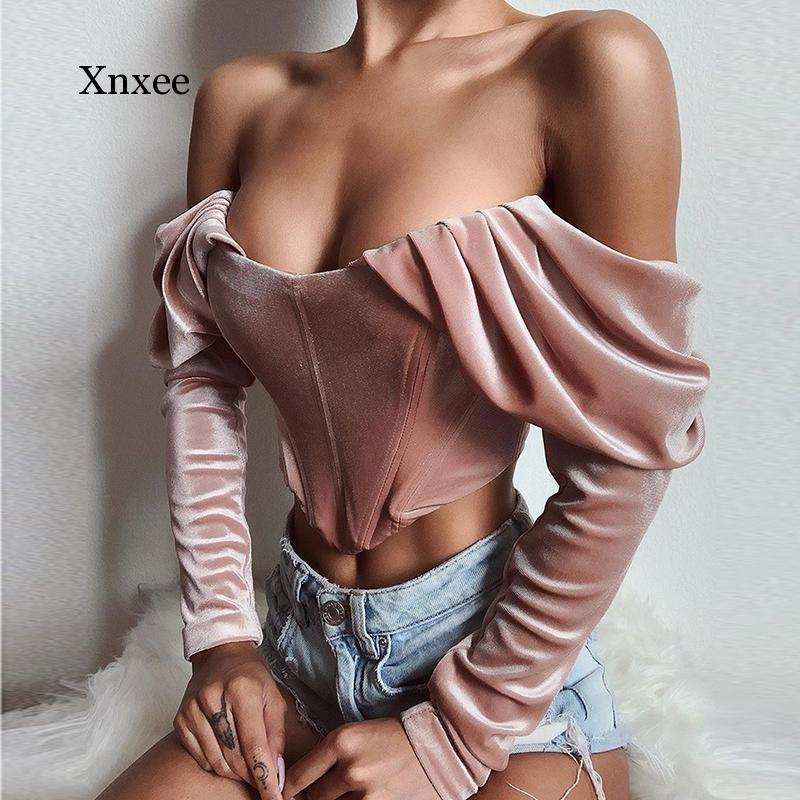 

Velvet Blouse Boning Corset Shirt Long Sleeve Crop Top Women Autumn Vintage Ruched Off Shoulder Corset Tops Ladies Sexy Shirts, Khaki top