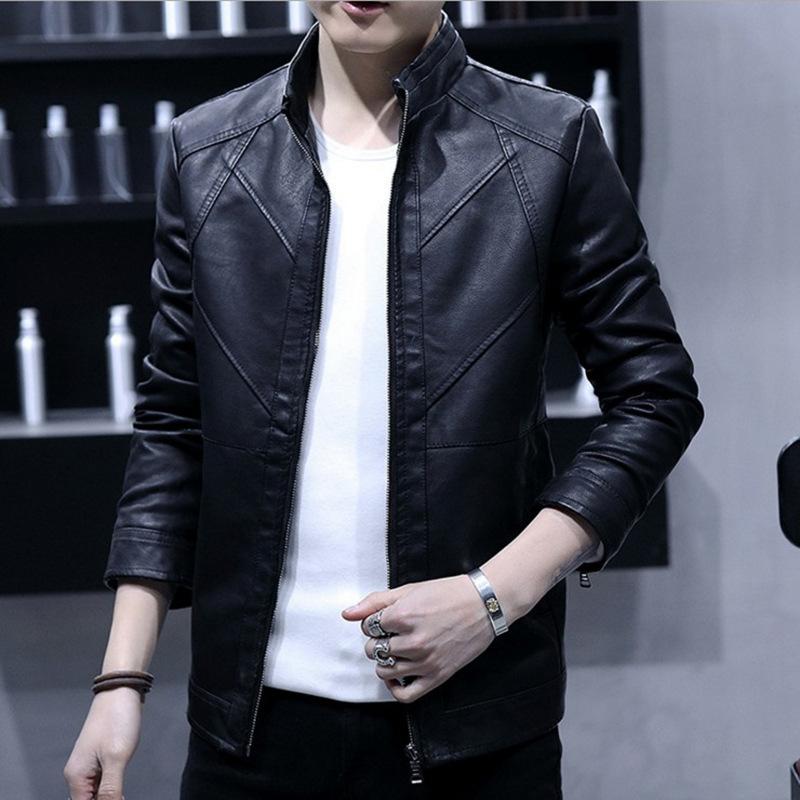 

2020 Men's Leather Jacket Men's New Fashion PU Leather Jacket Casual Slim (plus Cashmere, Burgundy plus velvet