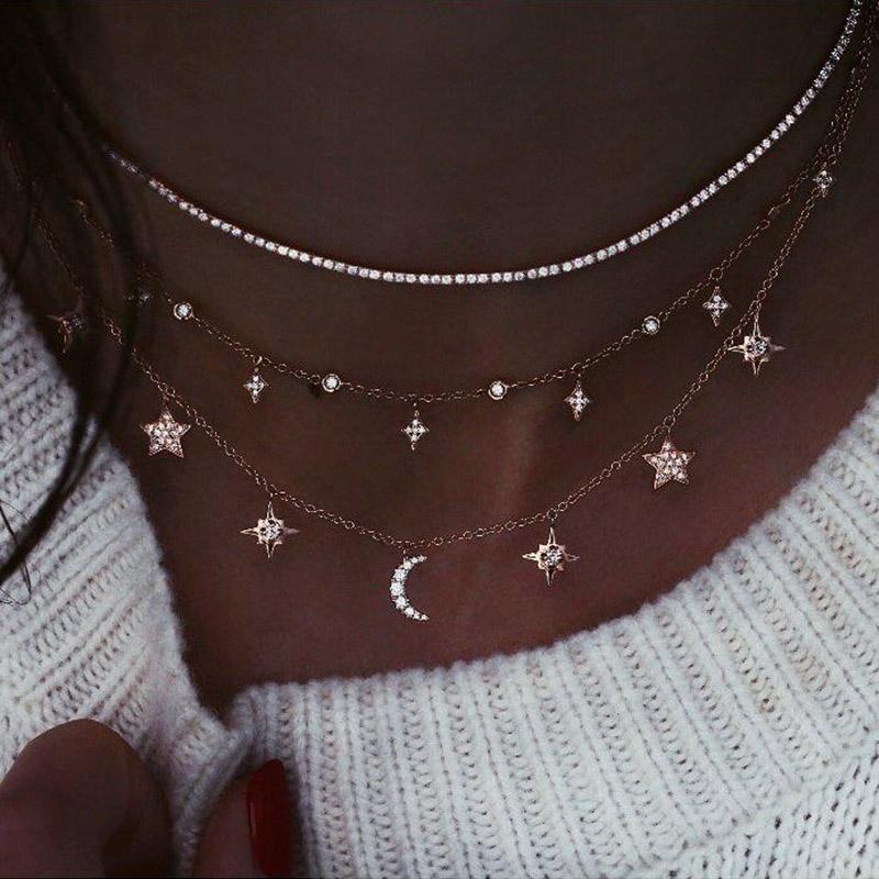 

3Pcs/Set Exquisite Women Necklaces Moon Star Crystal Clavicle Chain Multilayer Gold Necklace Set Valentines Day Jewelry Gift