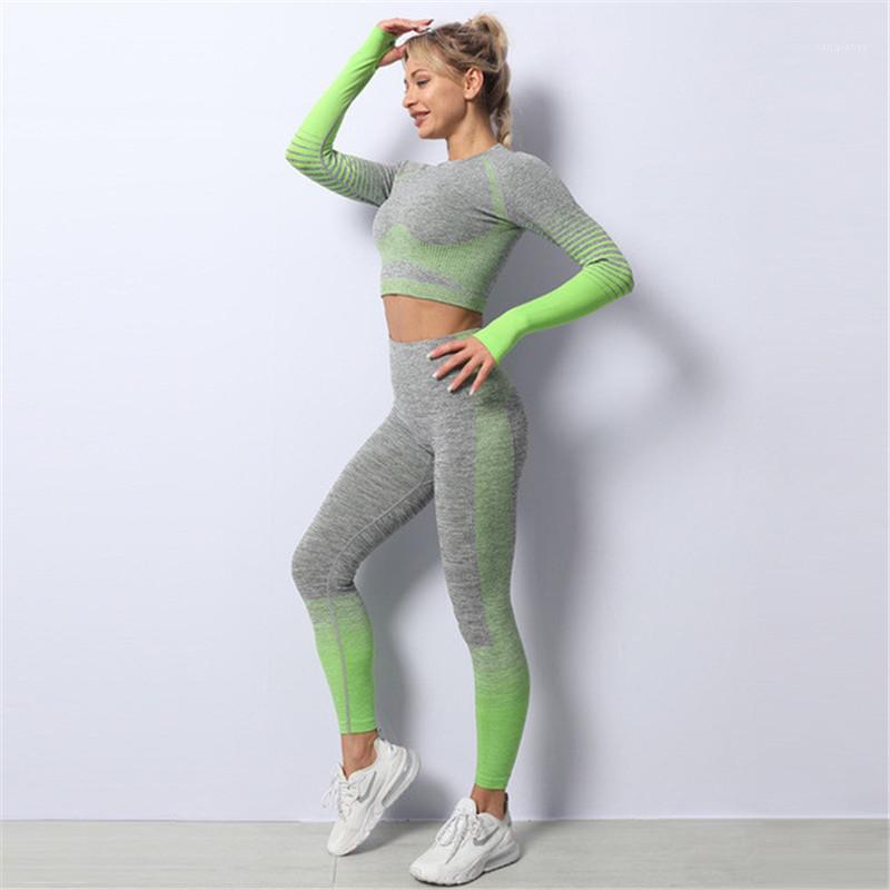 

2PCS Seamless Women Yoga Set Workout Sportswear Gym Clothing Fitness Long Sleeve Crop Top High Waist Leggings Sports Wear1, Yellow