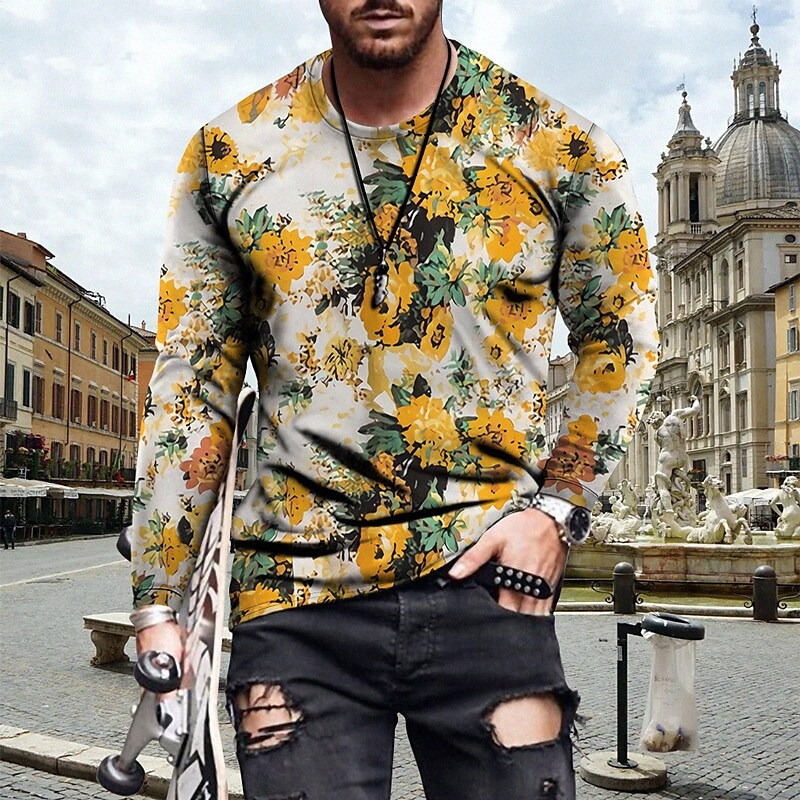 T-shirt Hommes 3D Imprimer Floral Graphic Crasse Coucher Casual Printer quotidien Toile à manches longues Streetwear Casual Streetwear Grand et g