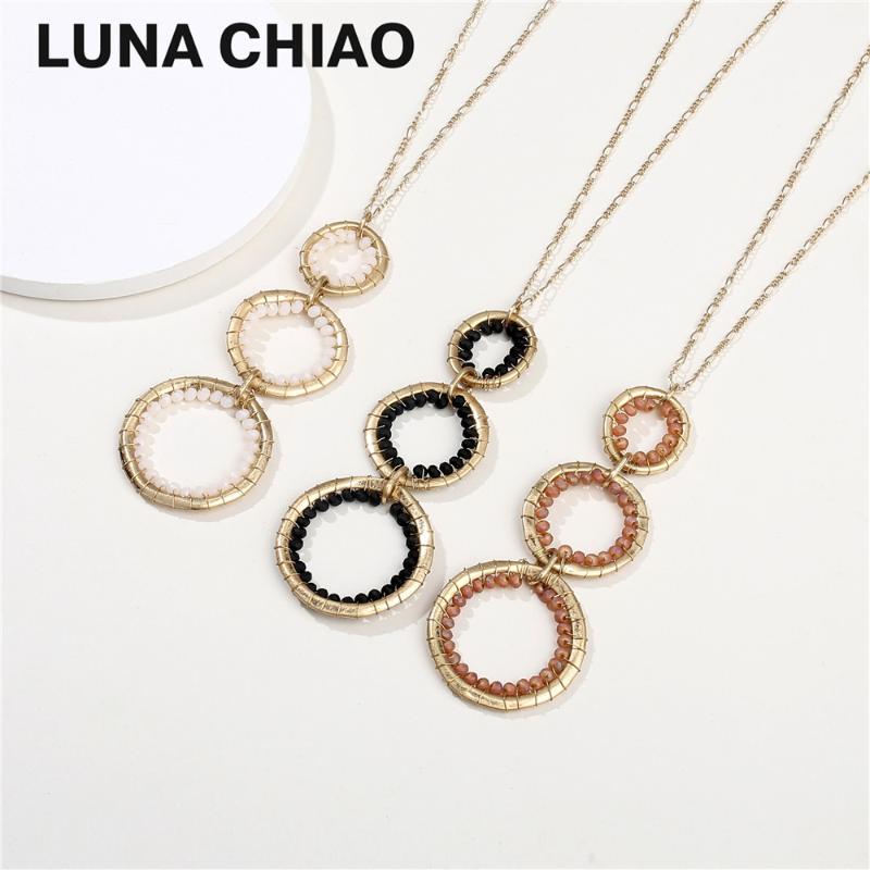 

CHIAO Worn Gold Plating Long Chain Triple Metal Circle Pendant Necklace Crystal Necklaces for Women