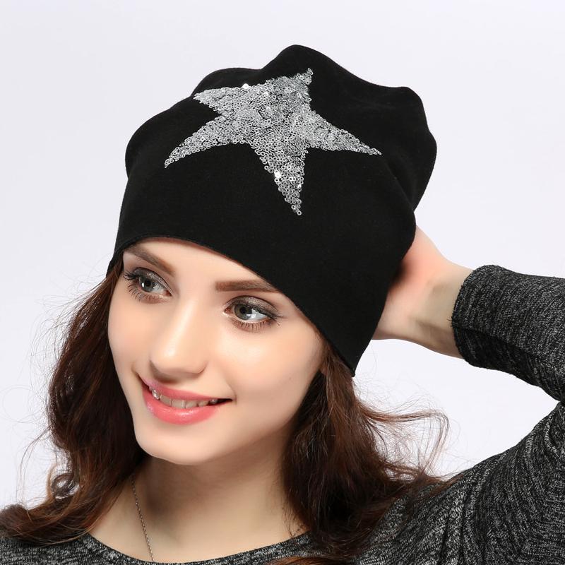 

Geebro Female Solid Star Knitted Hat Girls Sequins Cap Women Slouchy Baggy Autumn Winter Warm Beanies & Skullies Headwear JS259, Dark grey