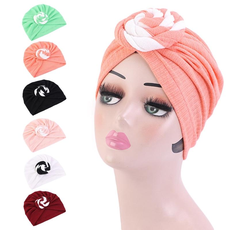 

Women Boho Fresh Style Pre-Tied Bonnet Turban Hat Spiral Knotted Solid Color Headwrap Beanie Cap Muslim Hair Cover, Black