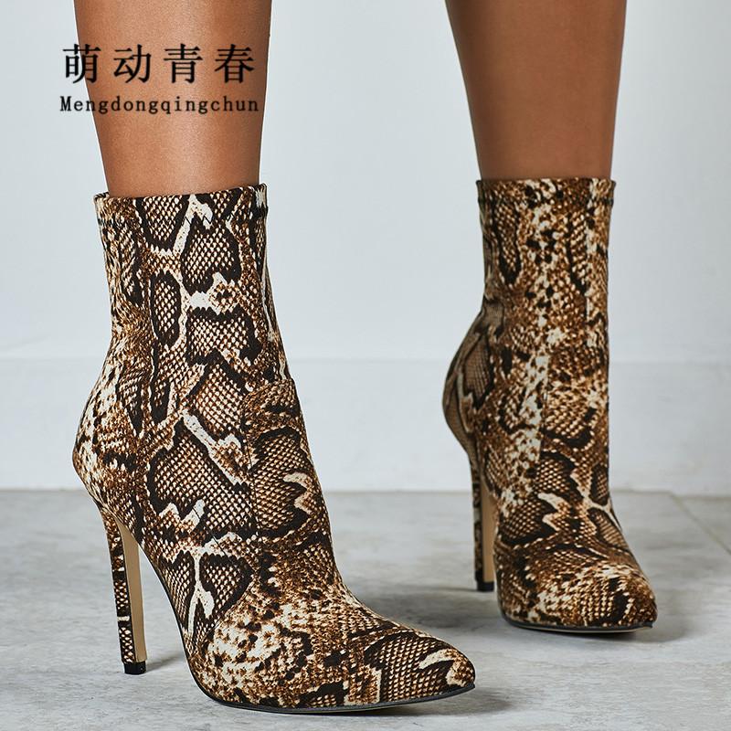 

35-42 Big Size Women Boots Autum Winter Boots High Heels Pointed Toe Snake Print Short Mujer Sexy Shoes Ankle Pumps, Brown