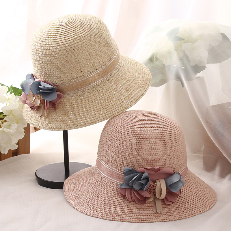 

HT1158 2020 New Fashion Straw Hats for Summer Solid Women Wide Brim Hats Ribbon Flower Floppy Bucket Ladies Beach Sun, Pink