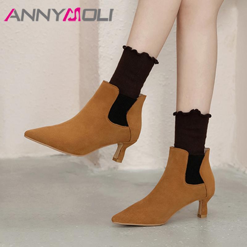 

ANNYMOLI Natural Genuine Leather Woman Boots High Heel Ankle Boots Thin Heel Short Pointed Toe Ladies Shoes Autumn Green