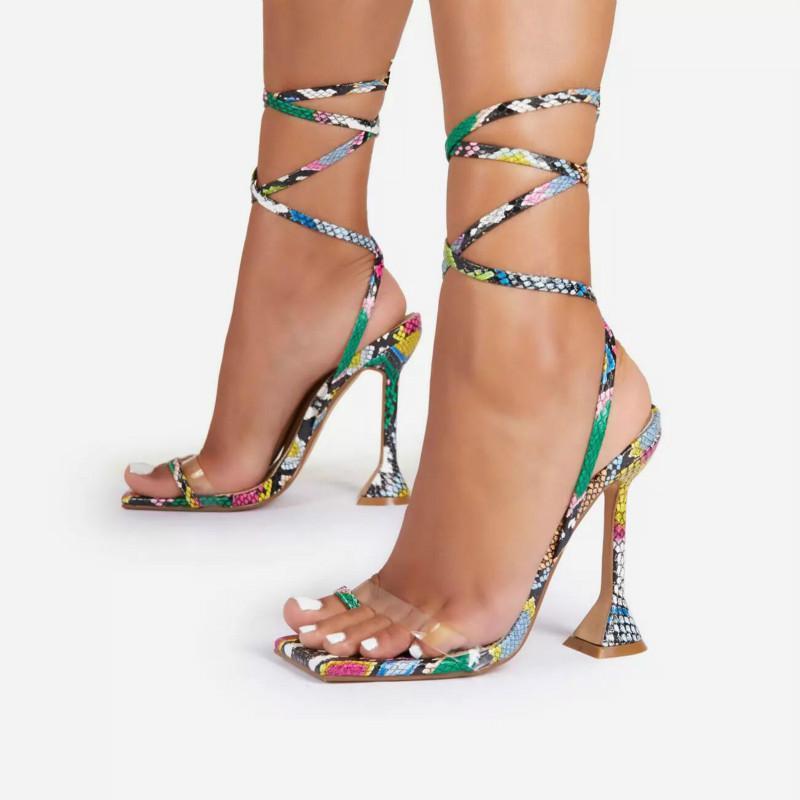 

Fashion Snake Print Women Party Shoes Super High Heel Cross-tied Lace Up Female Sandals Hollow Sexy Back Strap Woman Footwear1, Black