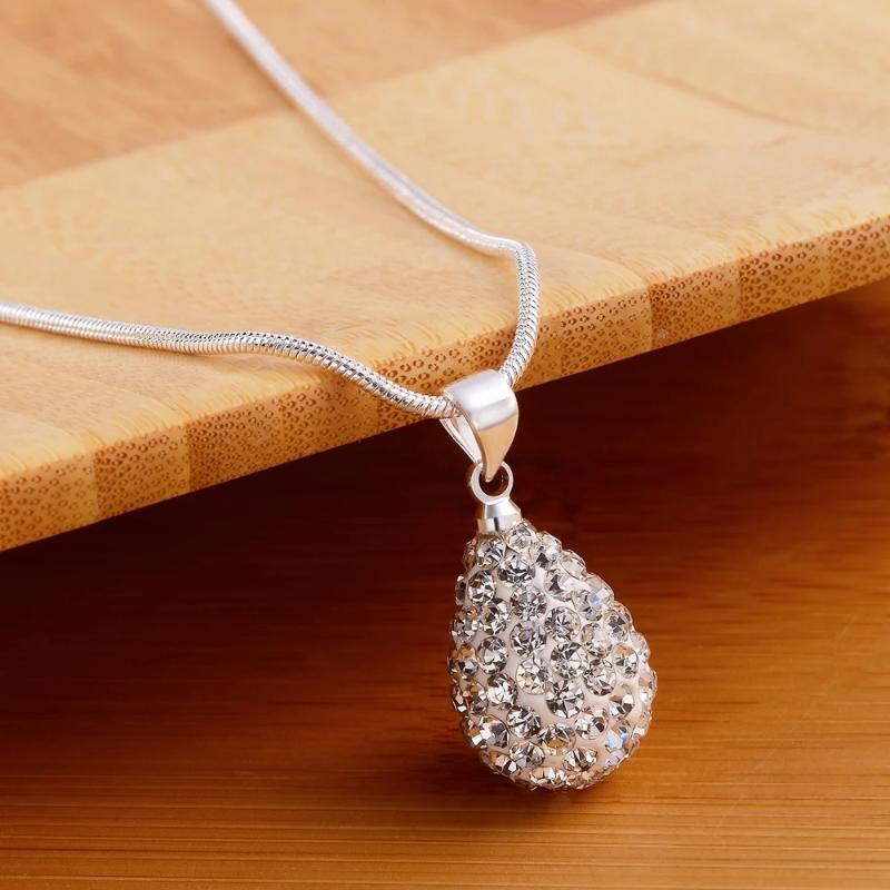 

925 Silver Jewelry Czech Diamond Water Drop Pendant Necklace 18" Woman Wedding Gift