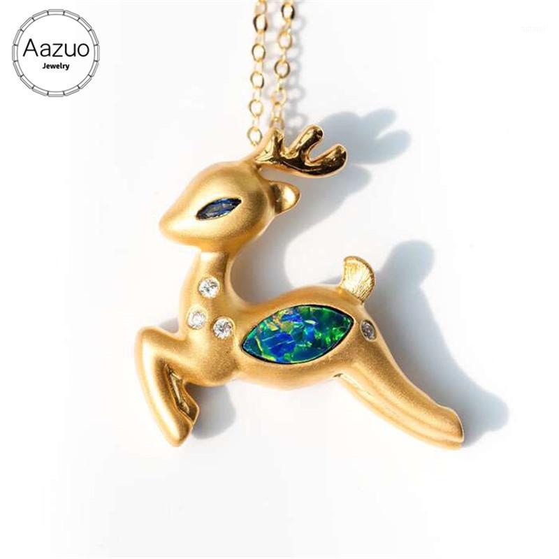 

Aazuo 18K Yellow Gold Natural Blue Opal Real Diamond Animal Deer Pendent With Chain Gifted for Women Valentine's Day Christmas1
