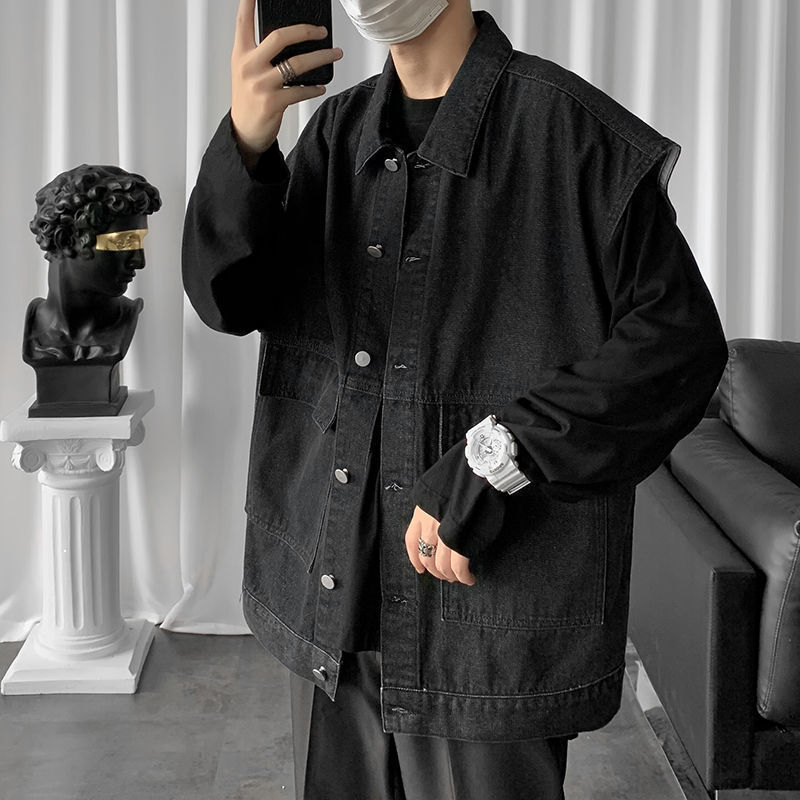 

New Spring 2021 Denim Korean-style Male Jacket Retro-tide Student Work Done with Gilet Blue Vest Tools U3RH, Black