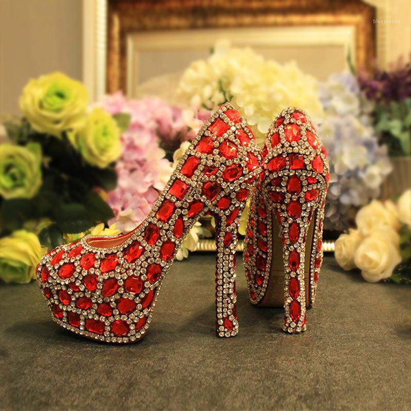 

Red Silver Platform Pumps Wedding Shoes Woman High Heels Bridal Ladies Shoes Crystal Party Rhinestone Round Toe Slip On1, Red 3cm heel