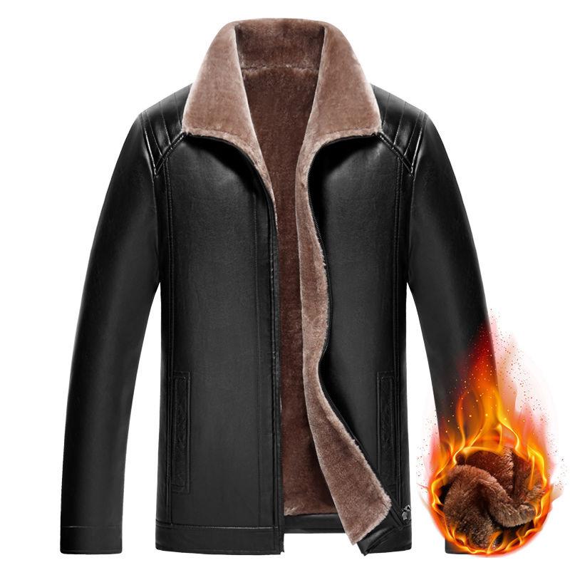 

2020 New Winter Leather Jacket Men Business Casual Fleece Leather Jacket Men Thicken Coat Fur Collar Black PU Outerwear