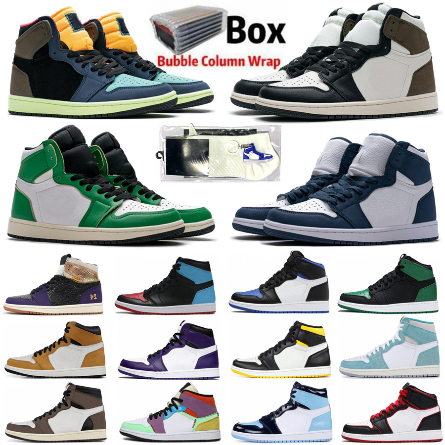 

Travis Scotts 1 Jumpman basketball shoes OG 1s mid chicago royal toe black metallic gold pine green black UNC men women Sneakers trainers
