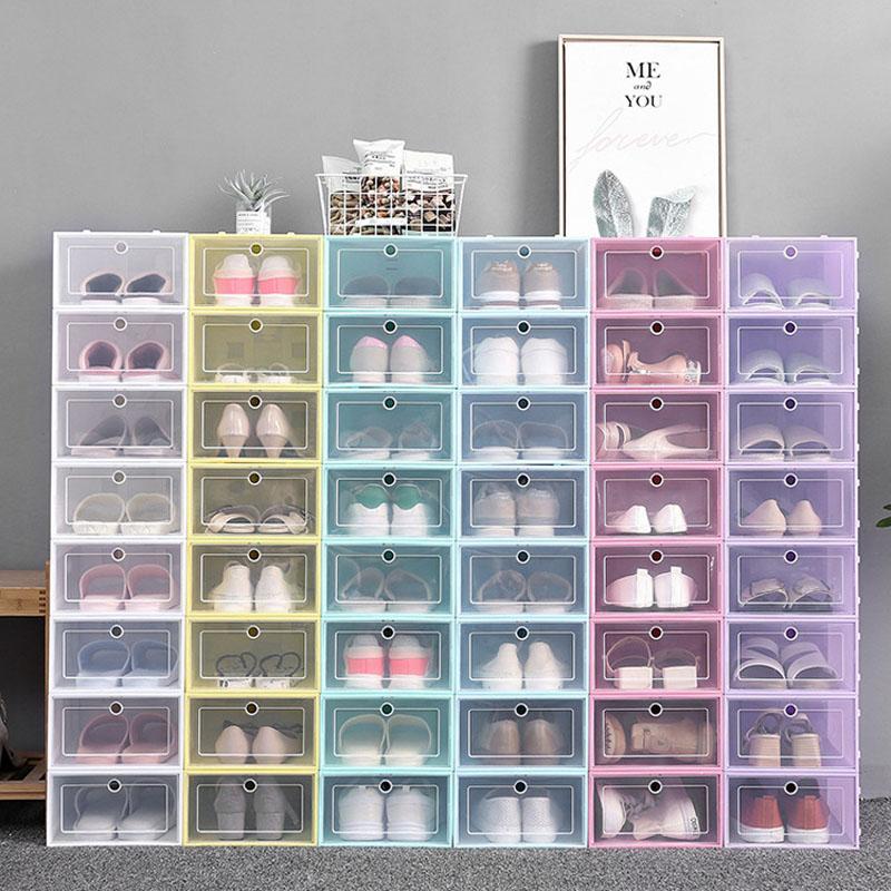 

Thicken Plastic Shoe Boxes Clear Dustproof Shoe Storage Box Transparent Flip Candy Color Stackable Shoes Organizer Boxes Wholesale 0267Pack, As the picture