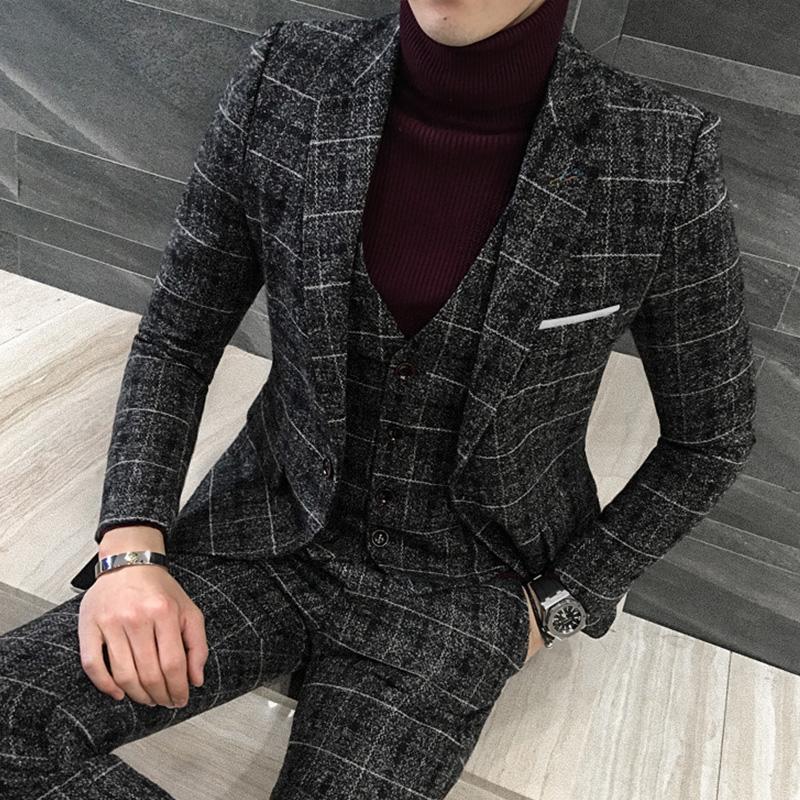

2020 Mens Dress 3 piece set Asia size  - 5XL men Plaid Blazer jacket +vest + pants Khaki Grey Blue Black