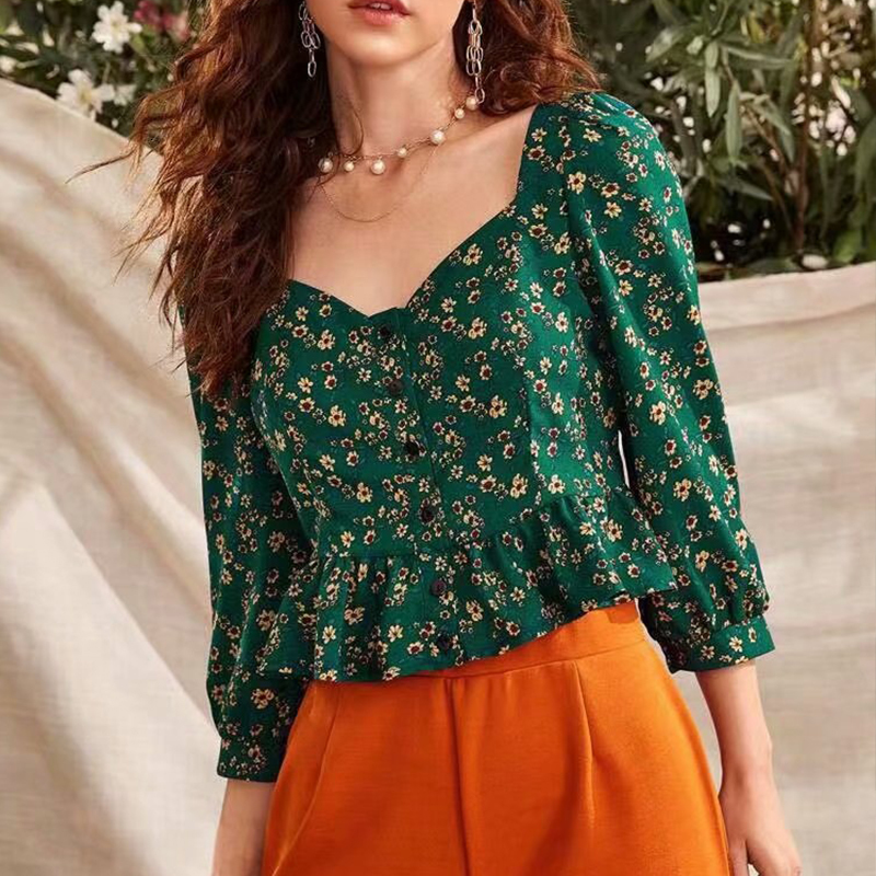 

2021 New Women Spring Autumn Ruffle Square Collar Top Office Lady Floral Printed Fashion Short Tops 3/4 Sleeves Outerwear 0rrj