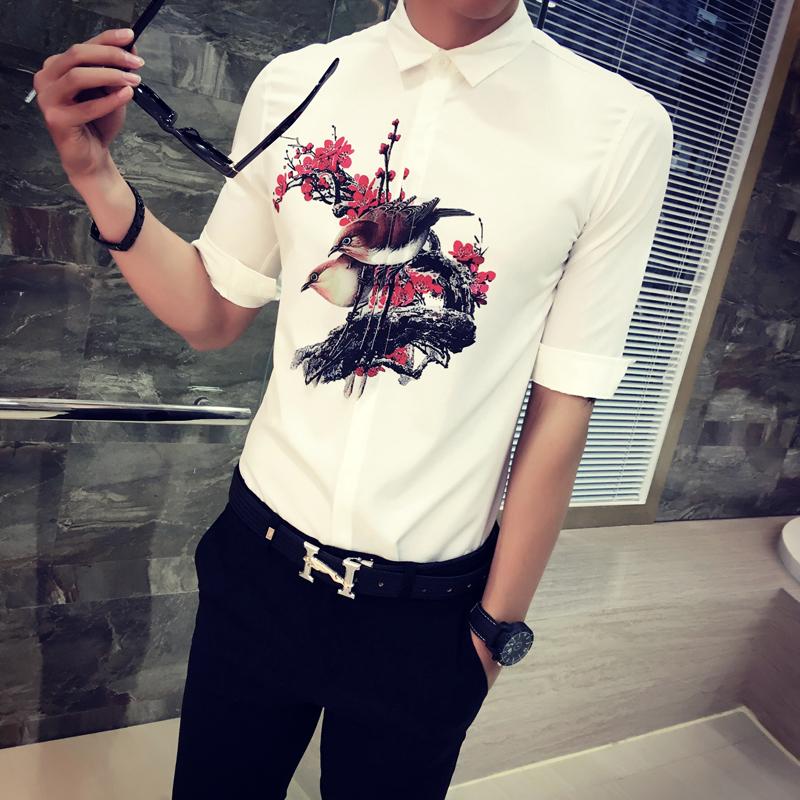 

New Fashion Men Shirts Half Sleeve Tops Summer and Autumn Men Casual Shirt Classic White Flower Shirt Size S M L XL XXXL, Cs18
