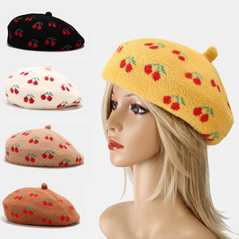 

Berets Winter Wool Beret Hat Women Girls Cute Cherry Print French Ladies Warm Knit Female Fashion Street Bonnet Beanies Caps Autumn, Black