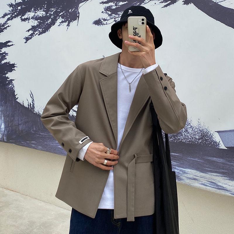 

Korean Style Blazer Men's Fashion Solid Color Business Casual Dress Jacket Men Streetwear Loose Belt Suit Jacket Mens -3XL, Black