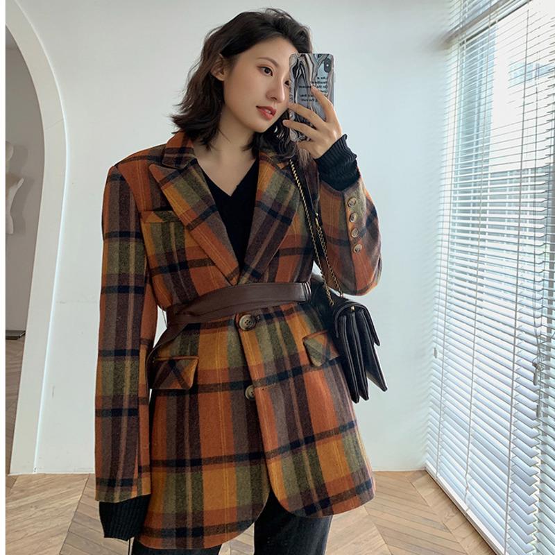

EWQ] 2021 Spring Female New Casual Notched Collar Single Breasted Long-sleeved Panelled Plaid Lace Up Woolen Top Overcoat 8Y295, Blue