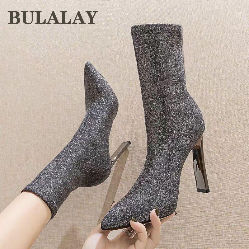 

Women's ankle boots plus 34-39 rhinestone high heels pointed toes sexy motorcycle boots sequined thick heel1, Black