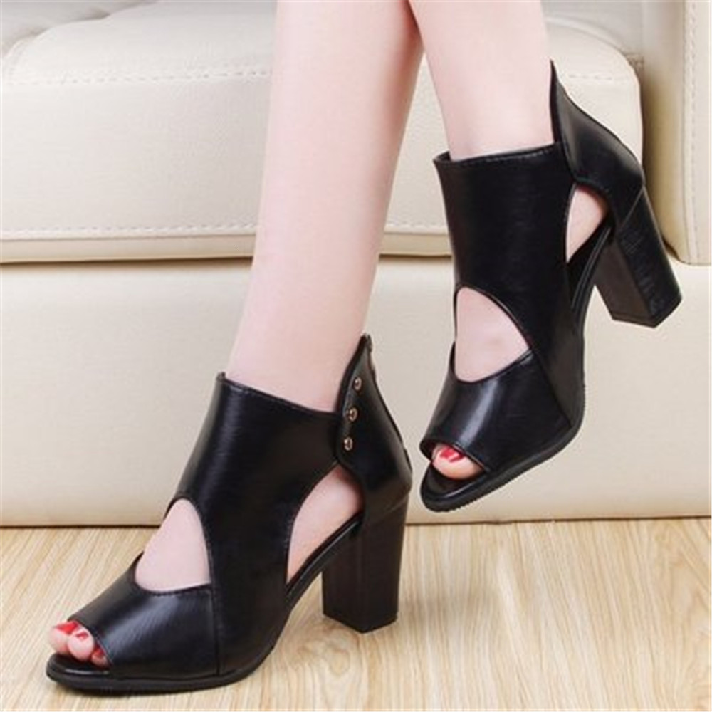 

New Summer 2021 Soft Leather Fish Mouth with Hollow Women's High Heels Out Fashion Sandals Black Versatile Shoes -42 AIXO, Brown.