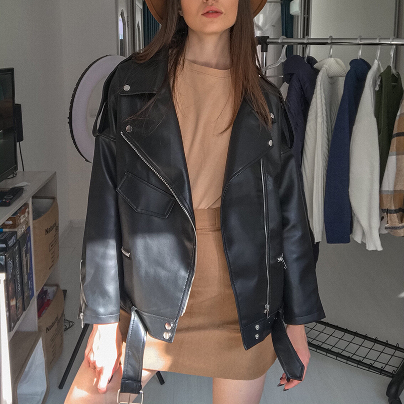 

2021 New Spring Autumn Female Streetwear Plutonium Fuax Leather Bf Style Turn Down Collar Pink Black Jacket UHU1