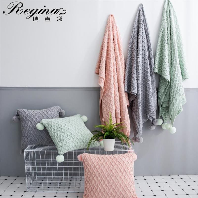 

REGINA Blending Knitted Throw Blanket Pink Light Green Gray Pompom Stripe Plaid Soft Sofa Throw Ins Hot Air-conditioned Blanket