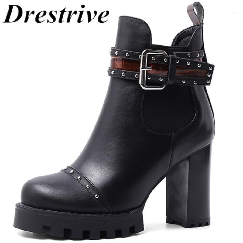 

Drestrive Women Ankle Boots Cow Leather High Heels 9 cm Platform Buckle Rivet Black Female Winter Shoes Genuine Leather Size 421, Black winter