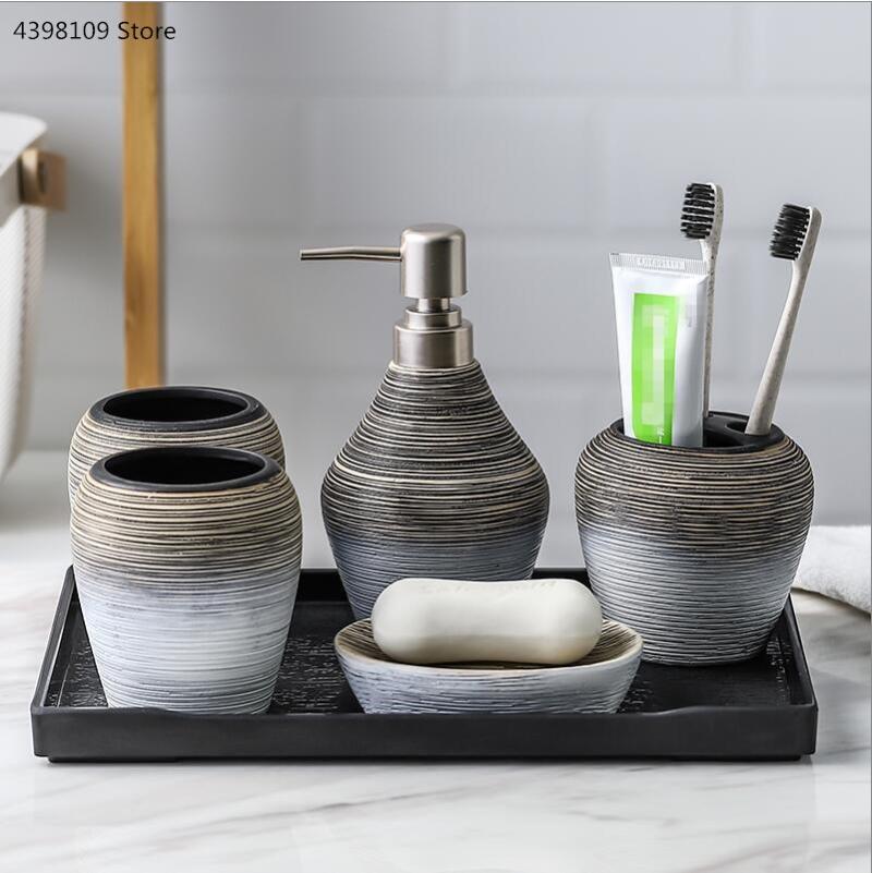 

Home bathroom supplies set retro ceramic bathroom five-piece toothbrush holder lotion bottle six-piece set toiletries