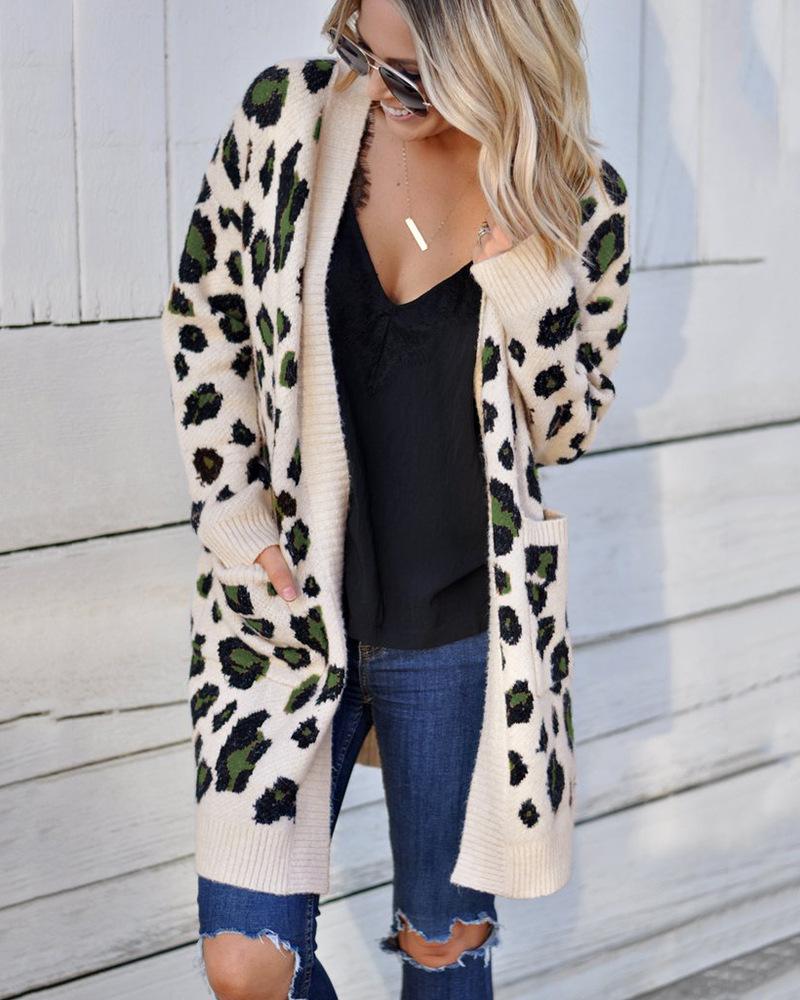 

European American Fashion Three-Color Leopard Print Women Sweater Cardigan Spring Autumn Casual Long-Sleeved Ladies Cardigan, 219203
