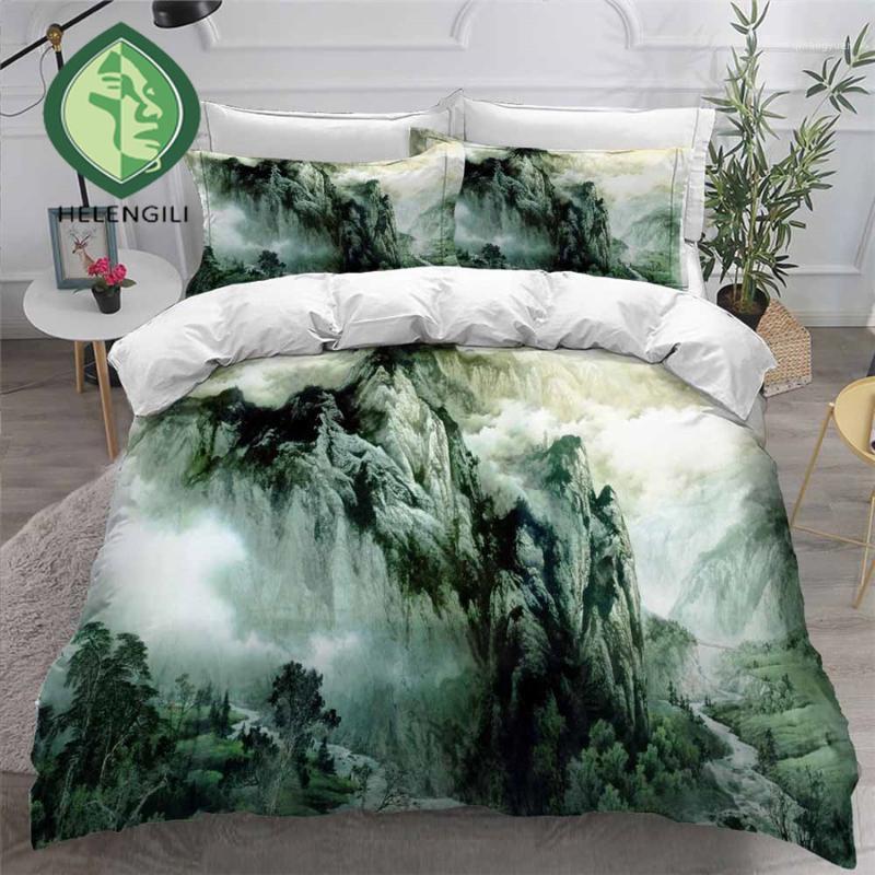 

HELENGILI 3D Bedding Set Chinese Scenery Print Duvet Cover Set Bedclothes with Pillowcase Bed Home Textiles #ZGFJ121, As pic