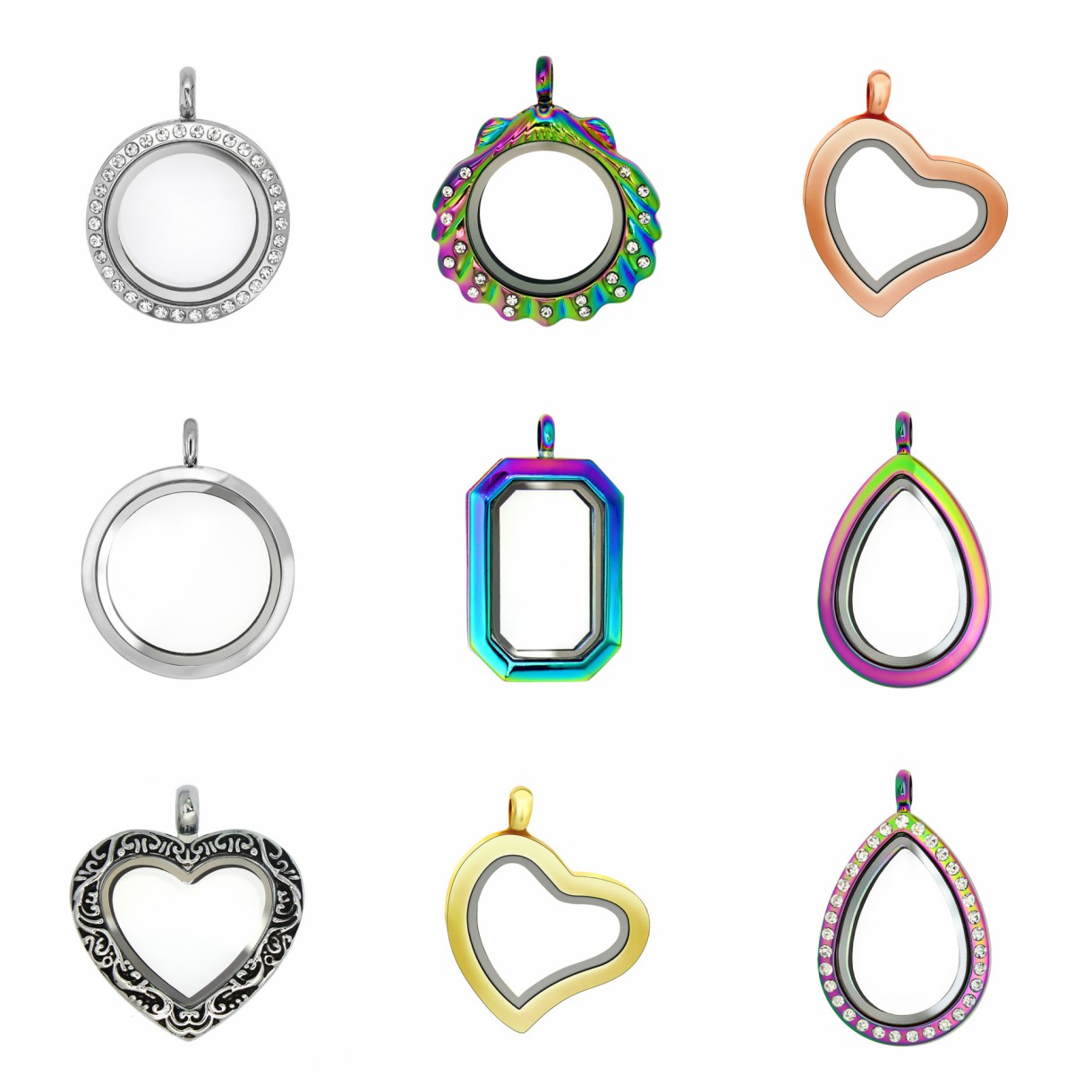 

Round Heart Rectangle Cross Floating Locket Glass Living Memory Necklace Pendant With 10pcs Charms DIY Women Jewelry