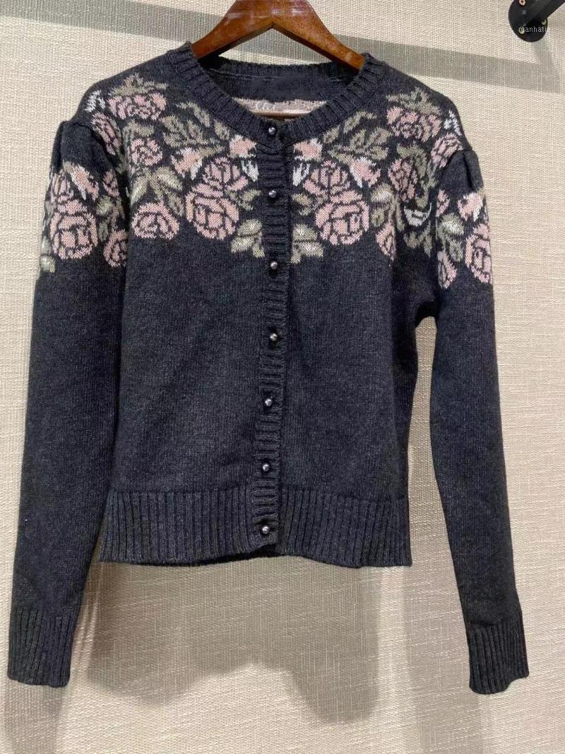 

Women's Knits & Tees Women Rose Pattern Sweater Lady O-Neck Single-Breasted Cardigan Female Knitwear Top Vintage Outwear1, B white