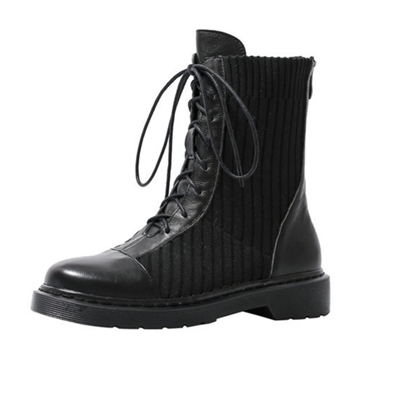 

2021 New Genuine Leather Knitting Women Ankle Autumn Winter Short Punk Low Heels Boots Night Club Shoes Woman Ou0r, Black