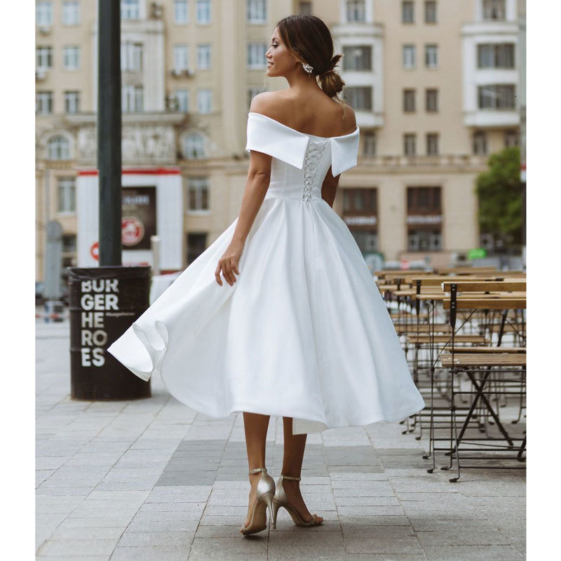 

2021 New Summer Dressed Satin Sleeves Puff Dress Wedding Longue Formal Bathrobe Simple Soiree Gown Bride to Be ZG0D, Ivory white