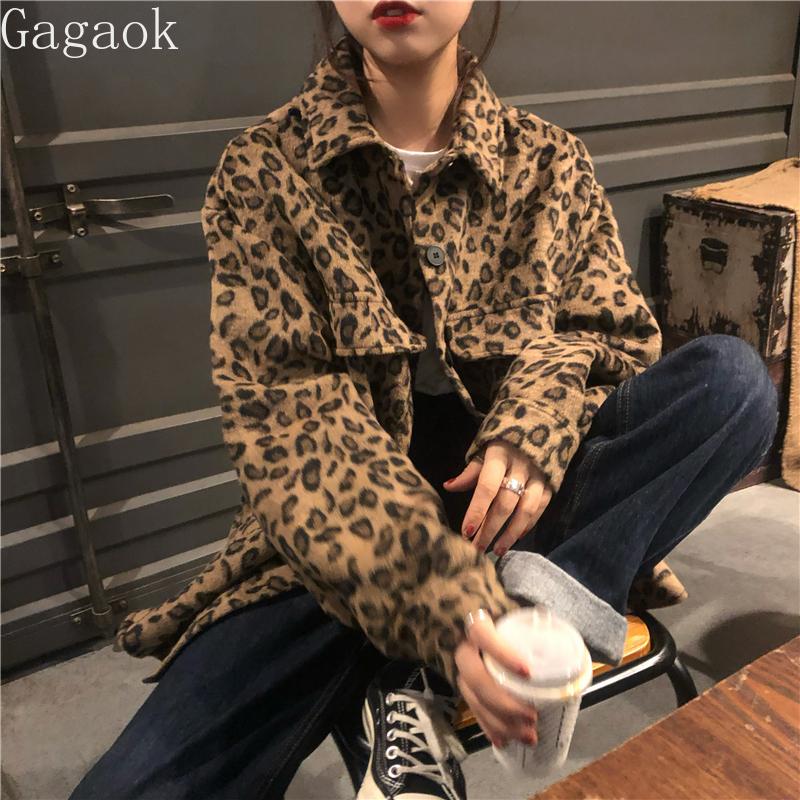

Gagaok Vintage Fashion Women Jackets 2020 Spring Autumn New Lapel Leopard Full Pockets Loose Casual Wild Harajuku Korean Coats, Photo color