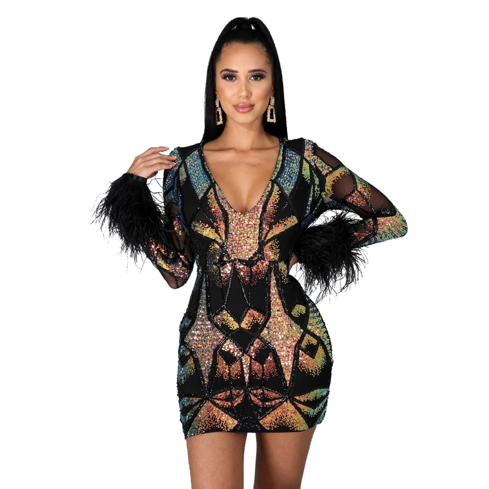 

High Quality Feather Sequin Body Con Dress Sexy Deep V Neck Glam Sparkly Sequined Party Dress Sexy Stretchy Beaded Black Sequin Purple Dress