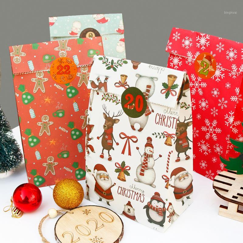 

2020 New Christmas Gift Bag 24 Pcs Paper Bags And 24 Christmas Stickers Snack Candy Cookies Packaging Bag Holiday Decorations1