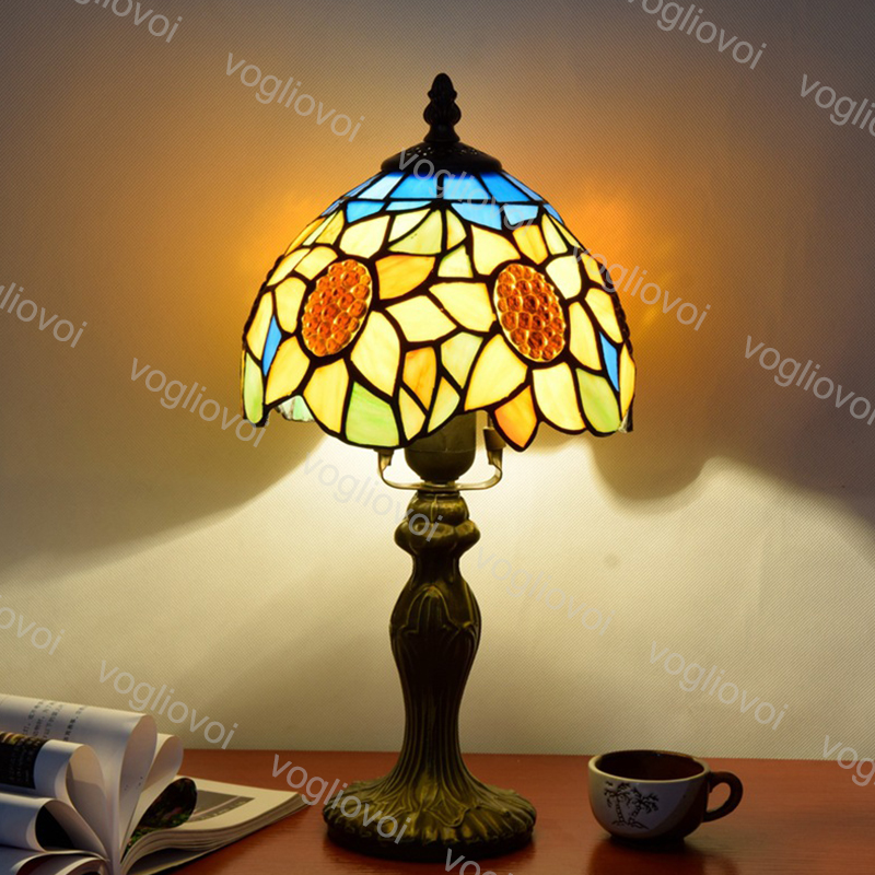 

Table Lamp Dia 20cm European Retro Stained Glass Aluminum Alloy Sunflower 110V 220V E27 For Livingroom Diningroom Bedroom Bar DHL