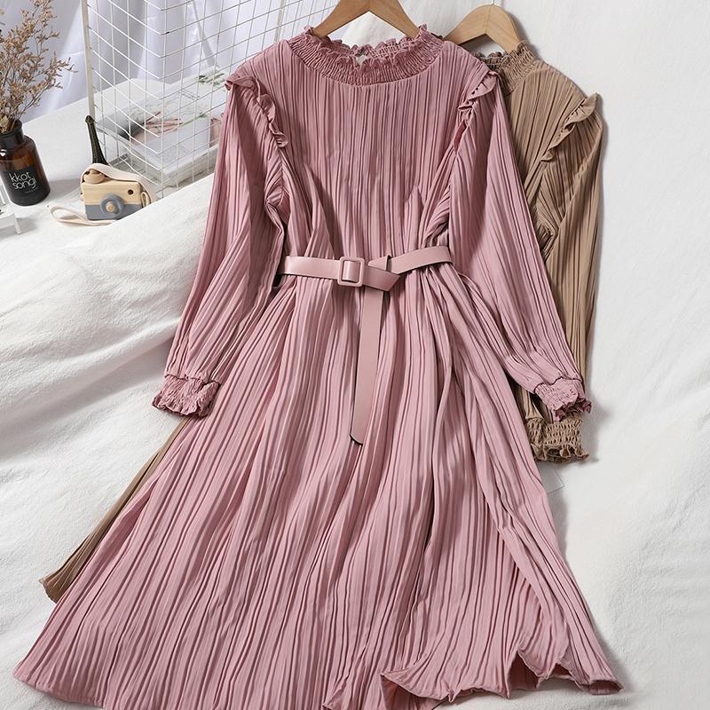 

Vintage Pink/Khaki/Beige Pleated Dress Women Casual Ruffle Collar Long Sleeve High Waist Draped Vestido Female New Spring Autumn